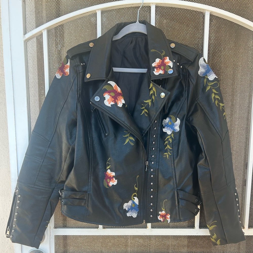 Floral Embroidered Black Faux Leather Jacket